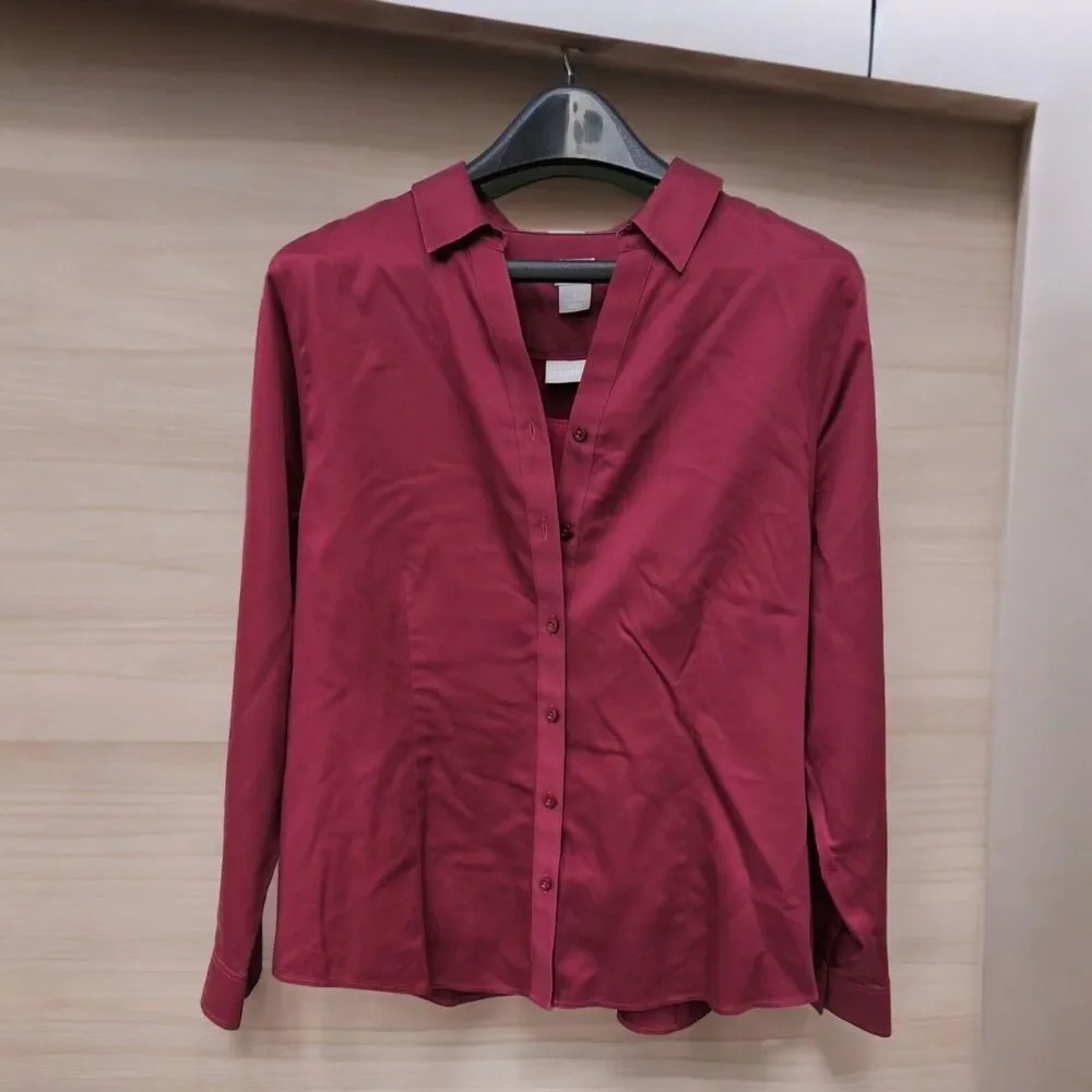 Chicos Womens Size 2 US L No Iron Button Up Shirt Blouse Camisole Set Rasberry